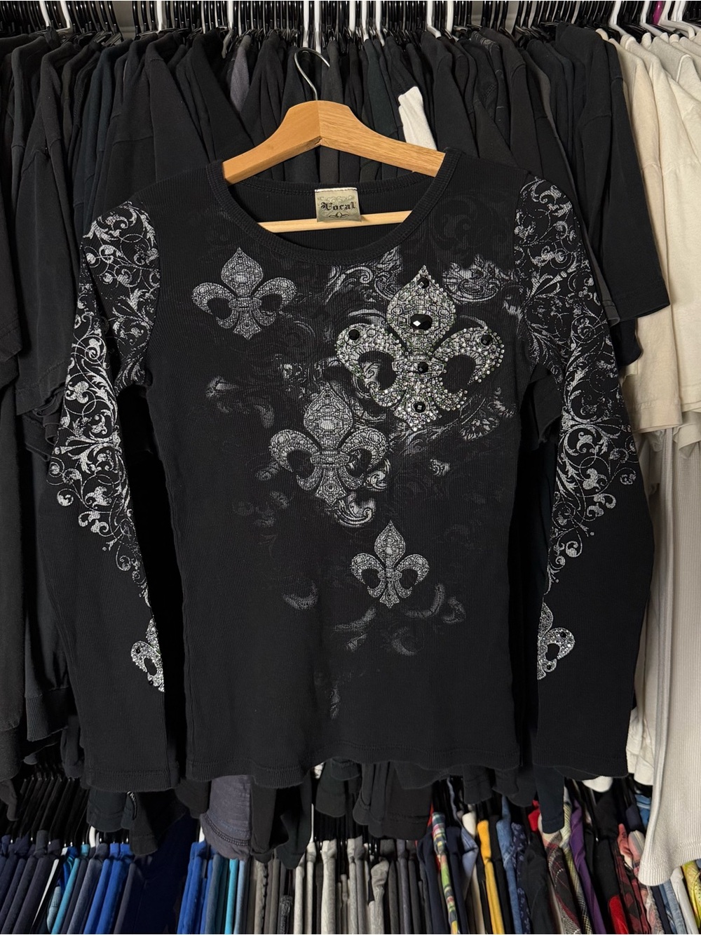 Y2K Vocal Long Sleeve Shirt Womens Large Black Rhinestone Bedazzled Grunge Emo